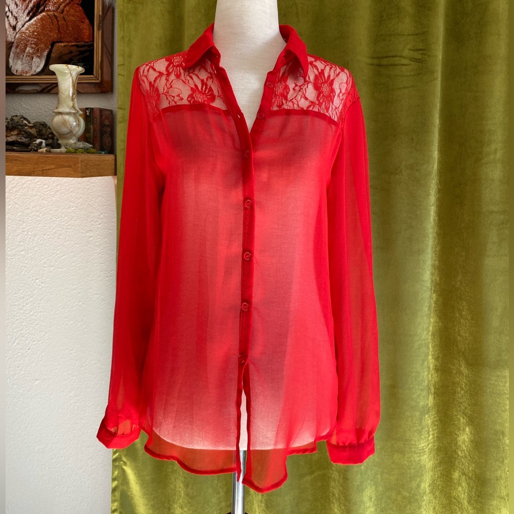 Vintage Red Blouse ❤️ Sheer, Long-Sleeve, Button Up